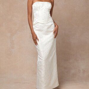 Lulus Melva White Satin Jacquard Two-piece Bustier Maxi Dress - Size XS